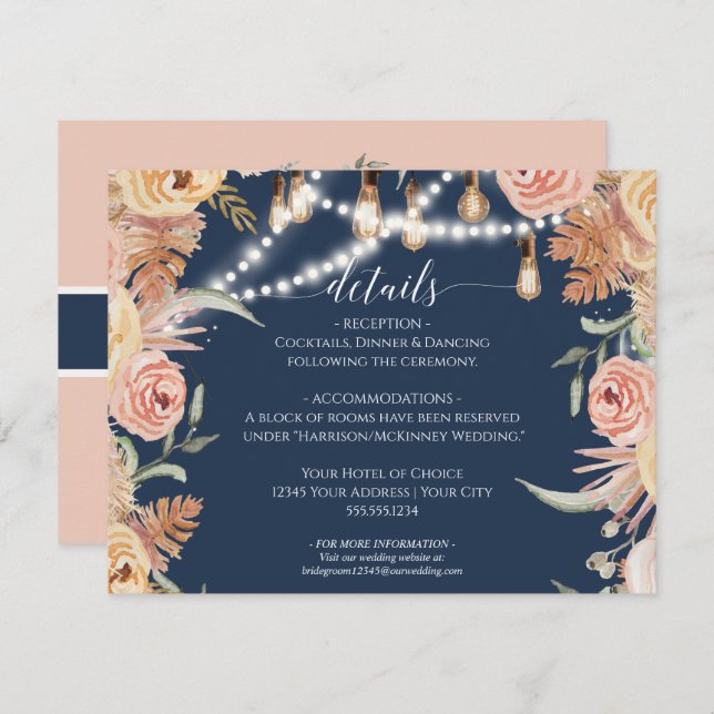 Invitation Marine Rose Roses Floral Edison Lumières Détails (Devant / Derrière)