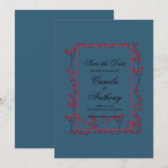 Invitation Marine Rouge Floral Bordure Mariage Enregistrer La (Devant / Derrière)