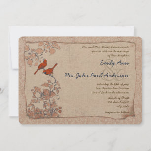 Invitation Marine Rouge rose Vintage Birds Mariage damassé In