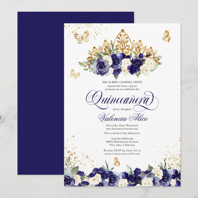 Invitation Marine Royal Blue Floral Tiara Butterfly Quinceane (Devant / Derrière)