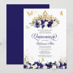 Invitation Marine Royal Blue Floral Tiara Butterfly Quinceane