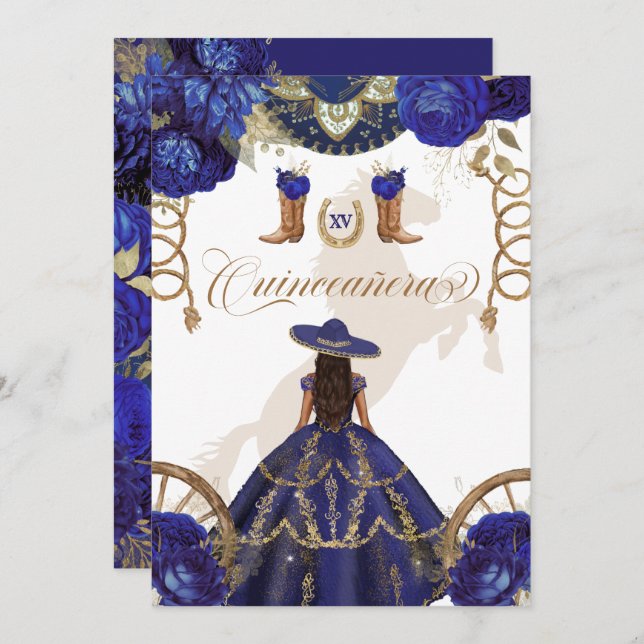 Invitation Marine Royal Blue Western Charro Quinceanera 2 côt (Devant / Derrière)