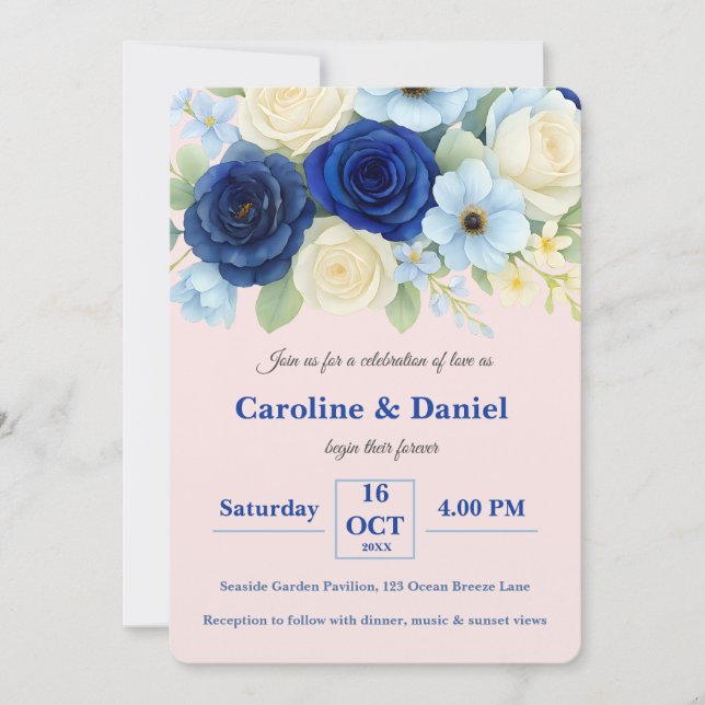 Invitation Marine Royal Bue Mariage Aquarelle couleur ivoire  (Devant)