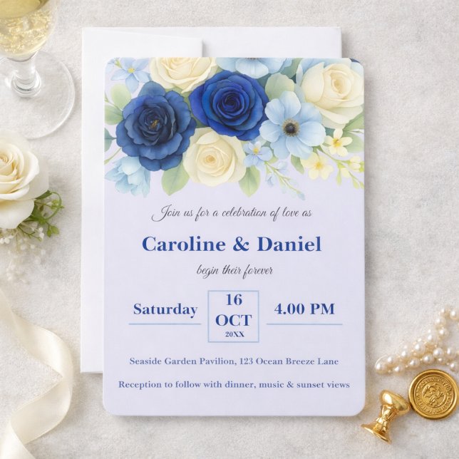 Invitation Marine Royal Bue Mariage Aquarelle couleur ivoire  (Créateur téléchargé)