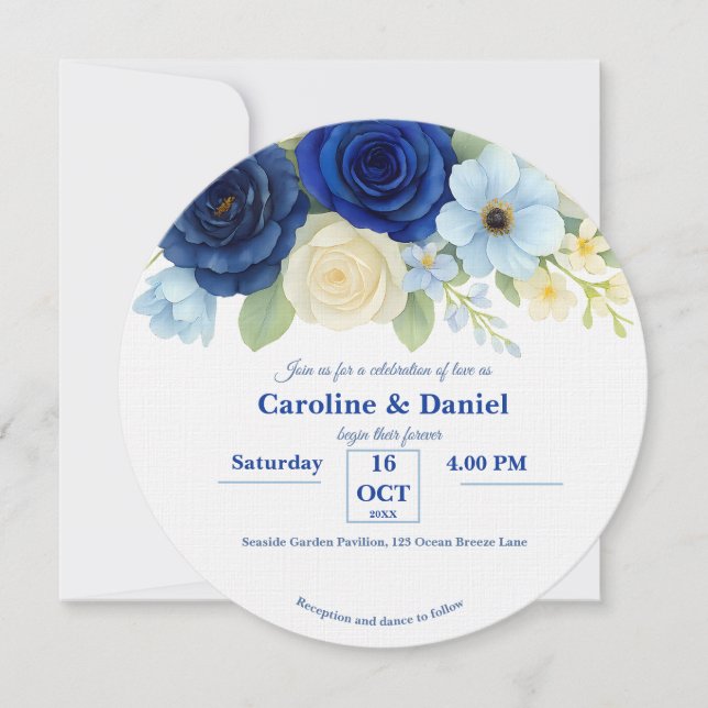 Invitation Marine Royal Bue Mariage Aquarelle couleur ivoire  (Devant)