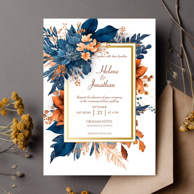 Invitation Marine Rust Moderne Elégant Aquarelle Floral Maria (Modern Elegant Floral Boho Wedding Invitation)