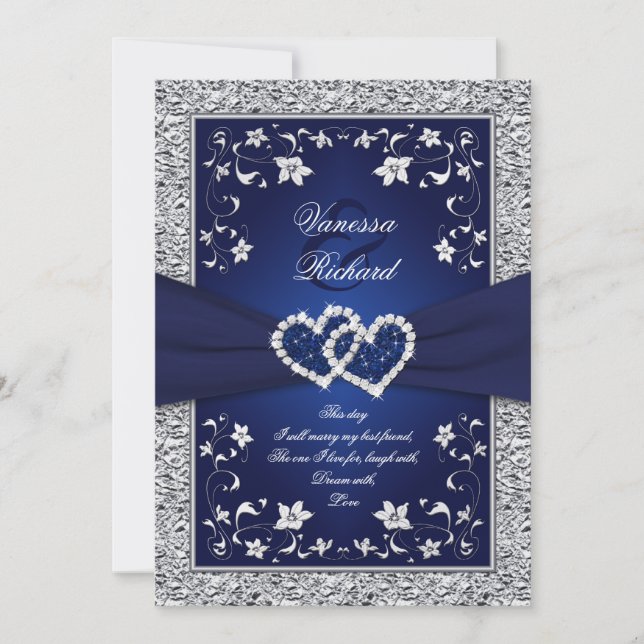 Invitation Marine Silver Floral Hearts FAUX Foil Wedding Invi (Devant)