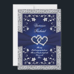 Invitation Marine Silver Floral Hearts FAUX Foil Wedding Invi<br><div class="desc">Ce faire-part de mariage floral bleu marine et gris argenté romantique et spectaculaire a un RIBBON IMPRIMÉ, une paire de diamants et de parties scintillant incorporés coeurs de bijoux, avec des fleurs gris argenté et une bordure en feuille d'argent FAUX. Il y a aussi un verset amovible qui dit "Aujourd'hui,...</div>