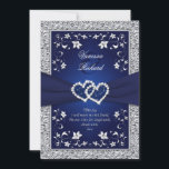 Invitation Marine Silver Floral Hearts FAUX Foil Wedding Invi<br><div class="desc">Ce faire-part de mariage floral bleu marine et gris argenté romantique et spectaculaire a un RIBBON IMPRIMÉ, une paire de diamants et de parties scintillant incorporés coeurs de bijoux, avec des fleurs gris argenté et une bordure en feuille d'argent FAUX. Il y a aussi un verset amovible qui dit "Aujourd'hui,...</div>