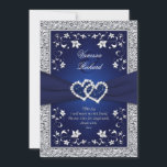 Invitation Marine Silver Floral Hearts FAUX Foil Wedding Invi<br><div class="desc">Ce faire-part de mariage floral bleu marine et gris argenté romantique et spectaculaire a un RIBBON IMPRIMÉ, une paire de diamants et de parties scintillant incorporés coeurs de bijoux, avec des fleurs gris argenté et une bordure en feuille d'argent FAUX. Il y a aussi un verset amovible qui dit "Aujourd'hui,...</div>