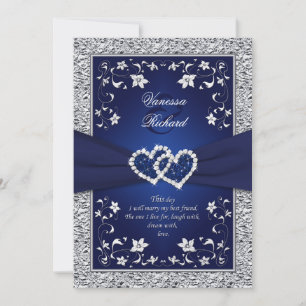 Invitation Marine Silver Floral Hearts FAUX Foil Wedding Invi