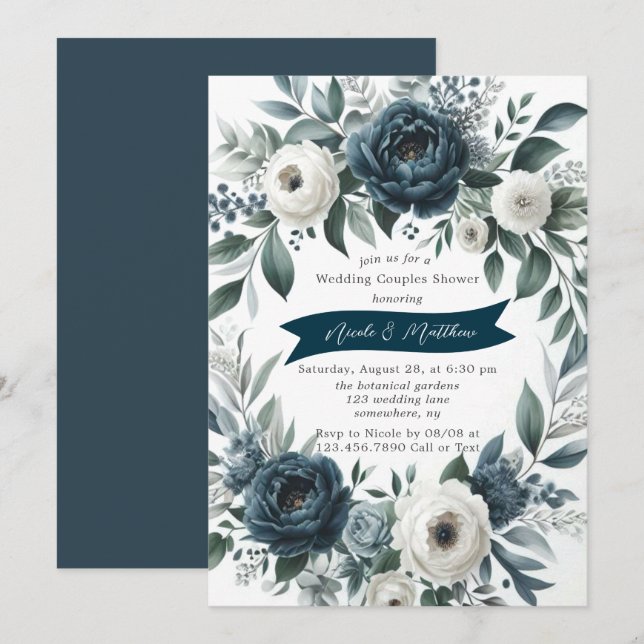 Invitation Marine & Silver Ivory Floral Mariage Couples Douch (Devant / Derrière)