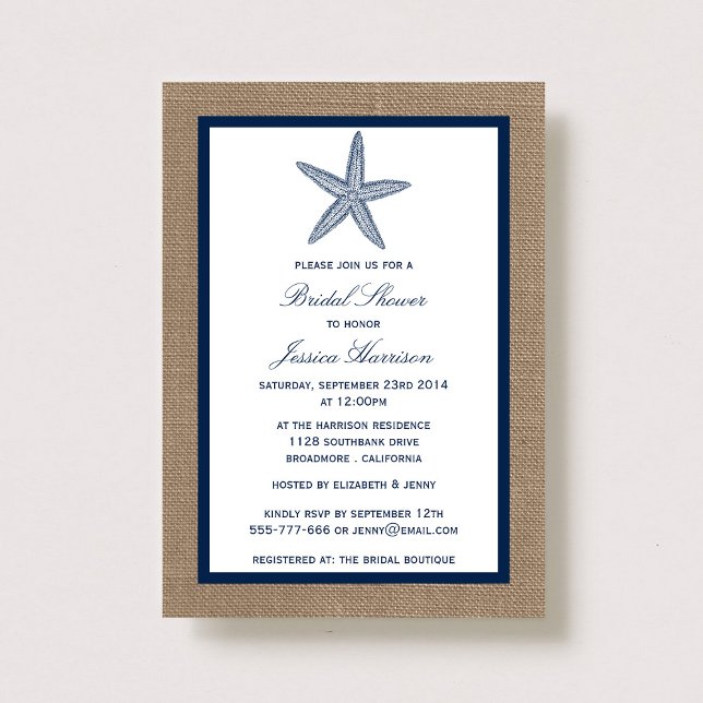 Invitation Marine Starfish Beach Burlap Fête des mariées (Créateur téléchargé)