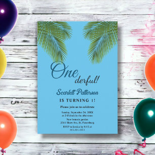 Invitation Marine Tropical Green Palm Plage Feuille 1er anniv