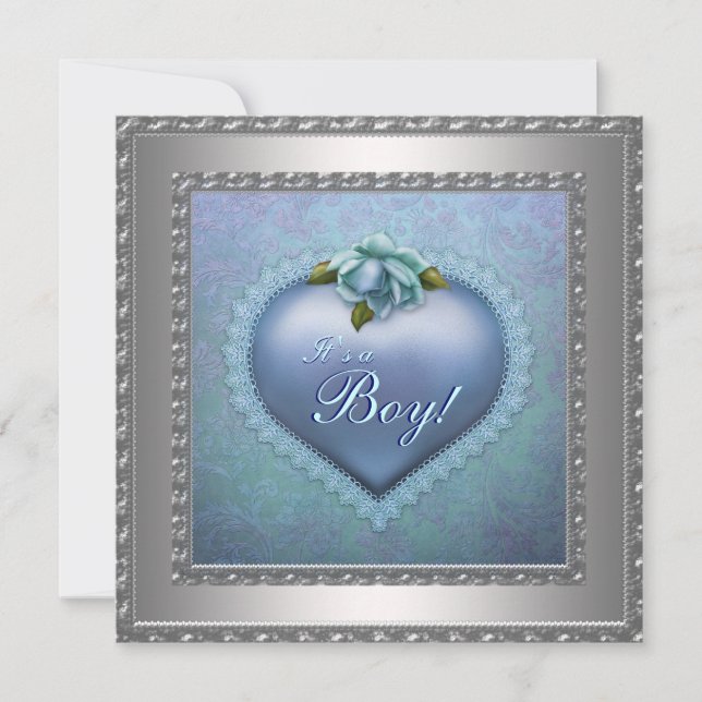 Invitation Marine Turquoise Blue Damask Baby Boy Douche (Devant)