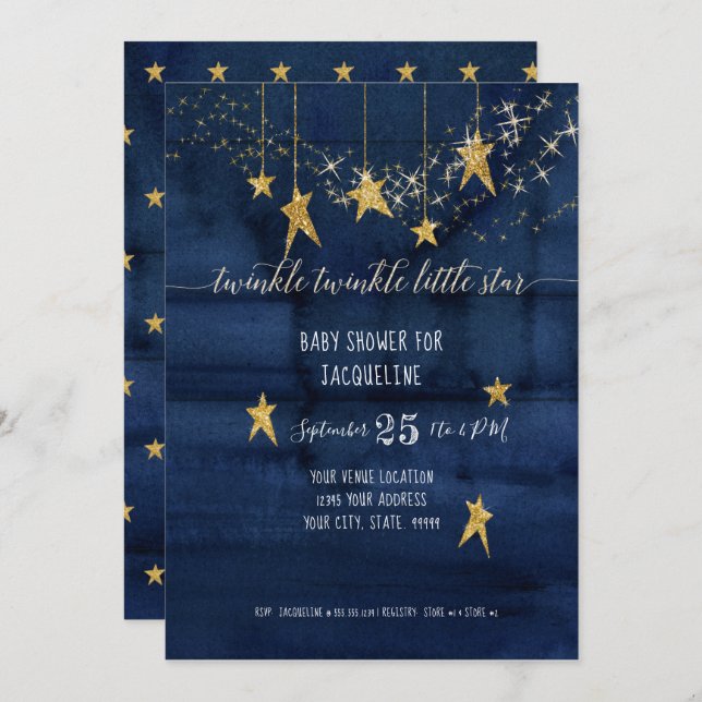 Invitation Marine Twinkle Little Star Gold Baby shower garçon (Devant / Derrière)