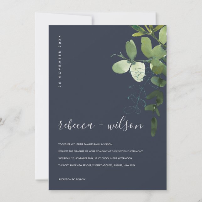 INVITATION MARINE VERT EUCALYPTUS FOLIAGE MARIAGE DE COULEUR  (Devant)