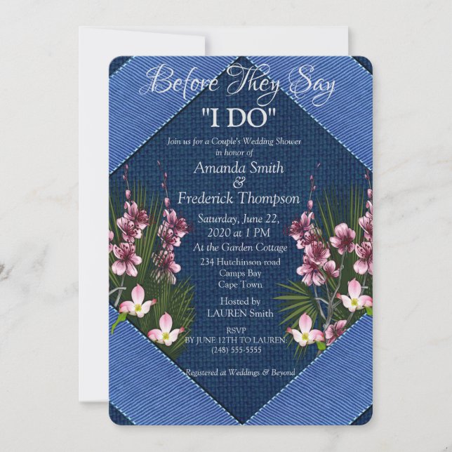 Invitation Marine - Wedding shower bleu texturé et rose Fleur (Devant)