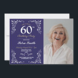 Invitation Marine White Birthday Womens Classy 60th Photo<br><div class="desc">Navy White Elegant Birthday Womens Classy 60e invitation SIMPLEMENT CHANGER LE TEXTE POUR CONVENIR À VOTRE FÊTE. Impression arrière incluse.</div>