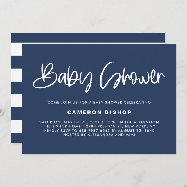 Invitation Marine & White Cute Moderne Baby shower de calligr (Devant / Derrière)