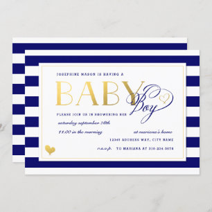Invitation Marine & White Stripe Faux Gold Boy Baby shower