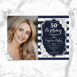 Invitation Marine White Stripes Silver Photo 50e anniversaire<br><div class="desc">Elégante invitation au 50e anniversaire fleurie féminine avec votre photo. Design bleu marine rose blanc avec faux parties scintillant argent. Caractéristiques bleu marine et blanc rayures, rose, police de script et confetti. Parfait pour une fête anniversaire adulte élégante. Personnalisez avec vos propres détails. Peut être customisé pour n'importe quel âge...</div>
