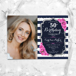 Invitation Marine White Stripes Silver Pink Photo 50e anniver<br><div class="desc">Elégante invitation féminine 50ème anniversaire avec votre photo. Design bleu marine rose blanc avec faux parties scintillant argent. Caractéristiques bleu marine et blanc rayures, roses roses roses, police de script et confetti. Parfait pour une fête anniversaire adulte élégante. Personnalisez avec vos propres détails. Peut être customisé pour n'importe quel âge...</div>
