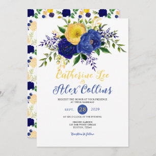 Invitation Marine & Yellowish Gold Floral Bouquet Mariage Inv