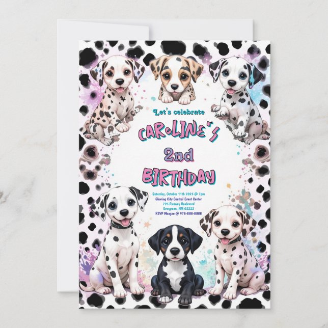 Invitation Marionnettes de Dalmatie rose Violet Anniversaire (Devant)