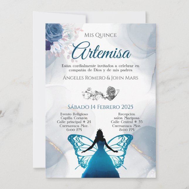 Invitation mariposa azul quinceañera (Devant)