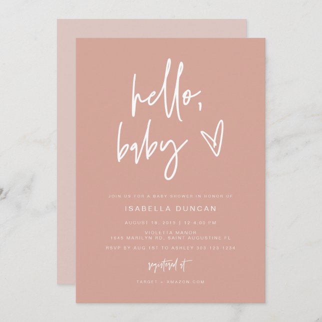 Invitation MARLO Bohemian Blush Hello Baby Baby shower (Devant / Derrière)