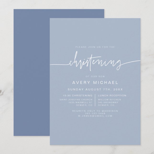 Invitation MARLO Modern Boho Dusty Blue Boy Christening (Devant / Derrière)