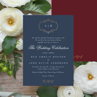 Invitation maron bordeaux marine bleu blanc classique mariage