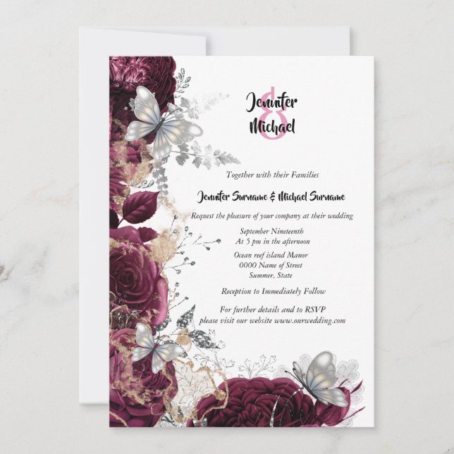 Invitation Maroon argent rose papillon chic mariage élégant (Devant)