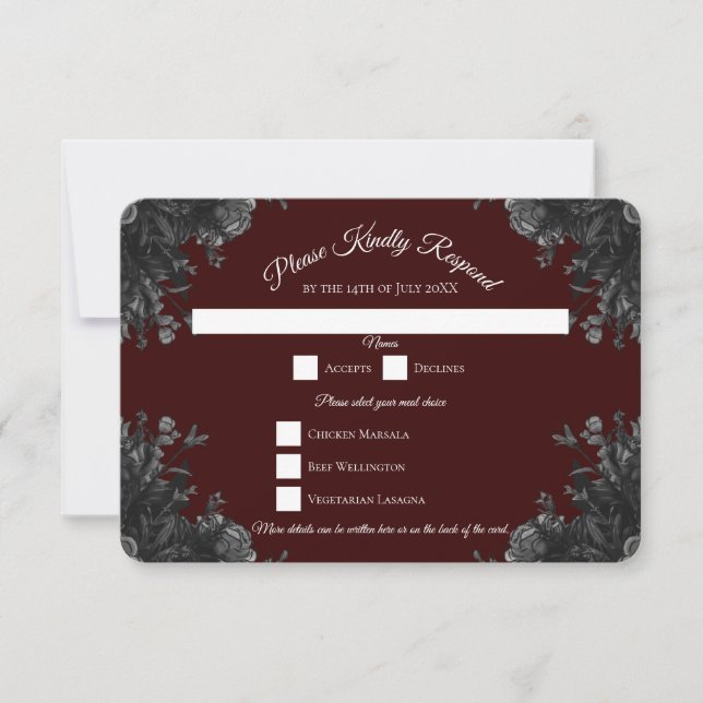 Invitation Maroon Black Grey Rose Mariage gothique RSVP Répon (Devant)