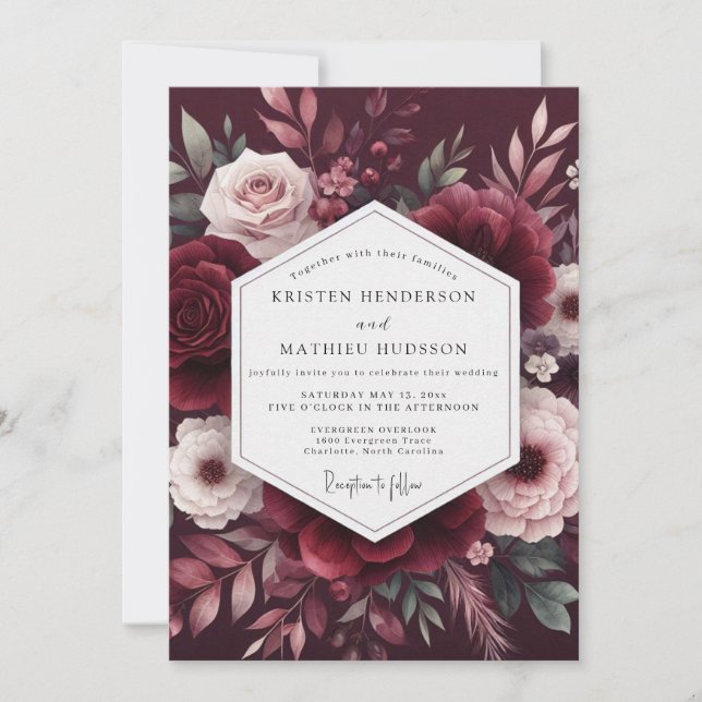 Invitation Maroon Bloom Romance Wedding (Devant)