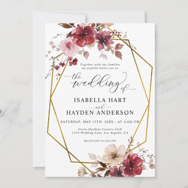 Invitation Maroon Blush Beige Floral Vieux Mariage Or (Devant)