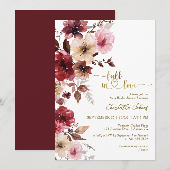 Invitation Maroon Blush Fall In Love Gold Boho Fête des marié (Devant / Derrière)