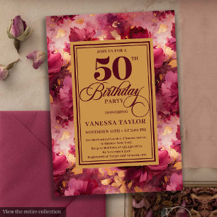 Invitation Maroon boho floral blush or roses 50e anniversaire