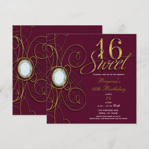 Invitation Maroon Bourgogne Gold Diamond Sweet 16 Anniversair