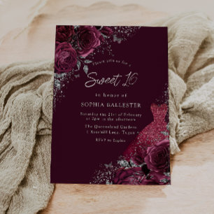 Invitation Maroon Bourgogne, Robe Argent & Douceur Florale 16