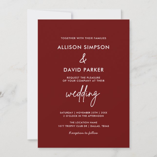 Invitation Maroon Bourgogne Simple Mariage moderne (Devant)