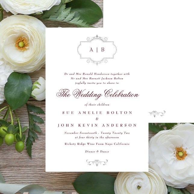 Invitation maroon burgundy argent classique monogramme mariag (Créateur téléchargé)