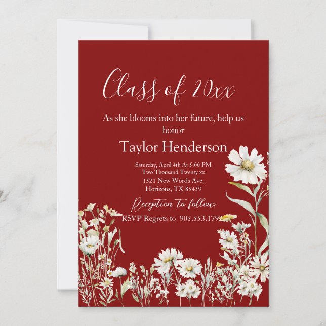 Invitation Maroon & Daisy Photo Greenery Graduation (Devant)