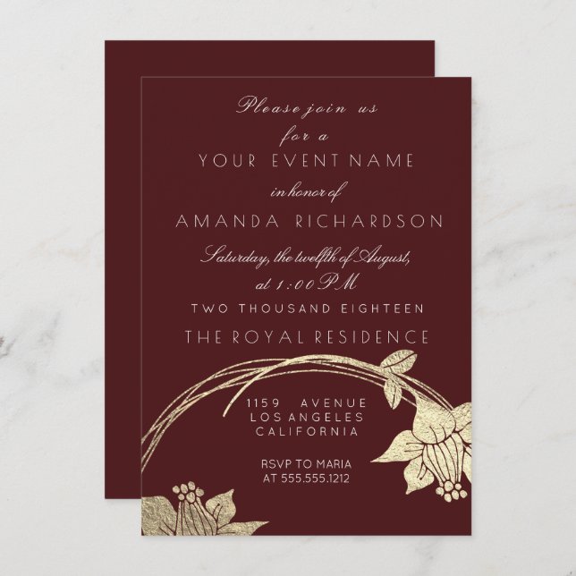 Invitation Maroon de Bourgogne Champaign Gold Floral Wreath (Devant / Derrière)
