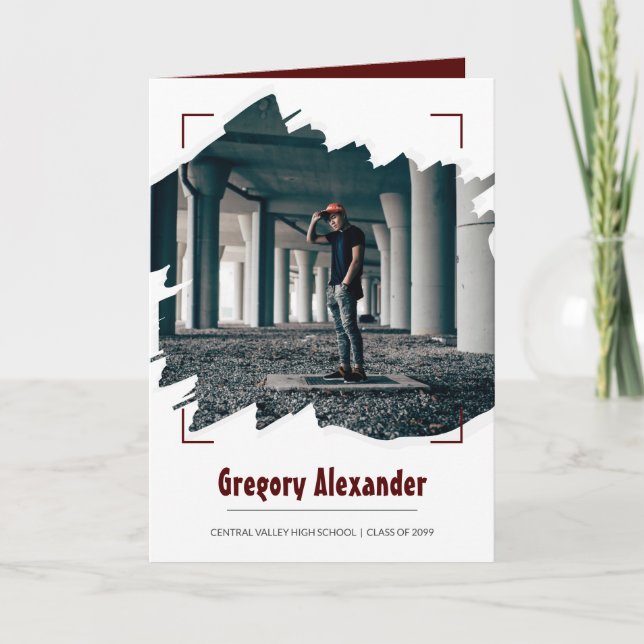 Invitation Maroon Edgy Abstrait Brushstroke Photo Graduation (Devant)