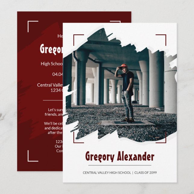 Invitation Maroon Edgy Abstrait Brushstroke Photo Graduation (Devant / Derrière)