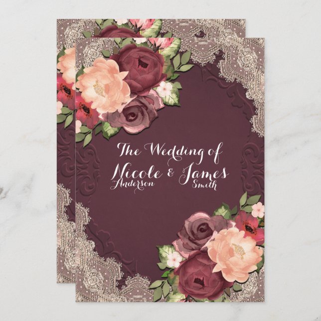 Invitation Maroon Elegant Dentelle & Floral Moderne Mariage c (Devant / Derrière)