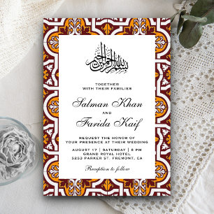 Invitation Maroon et Orange islamique Arabesque musulman Mari