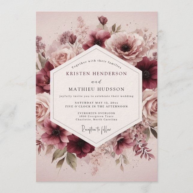 Invitation Maroon Ethereal Bloom Wedding (Devant)
